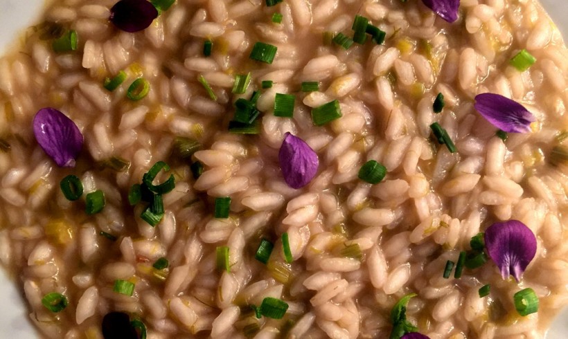 RISOTTO CON ERBE AROMATICHE, PORRI E VIOLETTE EDULI