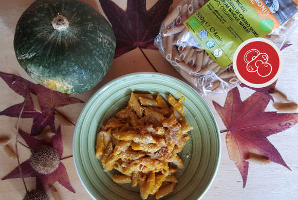 PENNE INTEGRALI GIROLOMONI ALLA CREMA DI ZUCCA E PANCETTA