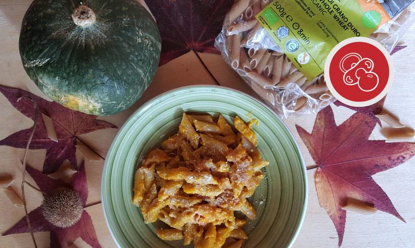 PENNE INTEGRALI GIROLOMONI ALLA CREMA DI ZUCCA E PANCETTA