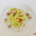 Spaghetti quadrati con crema di ricotta di bufala al prezzemolo, limone e cefalo affumicato