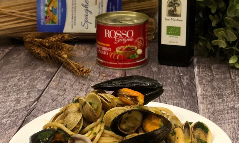 Spaghetti con cozze e lupini